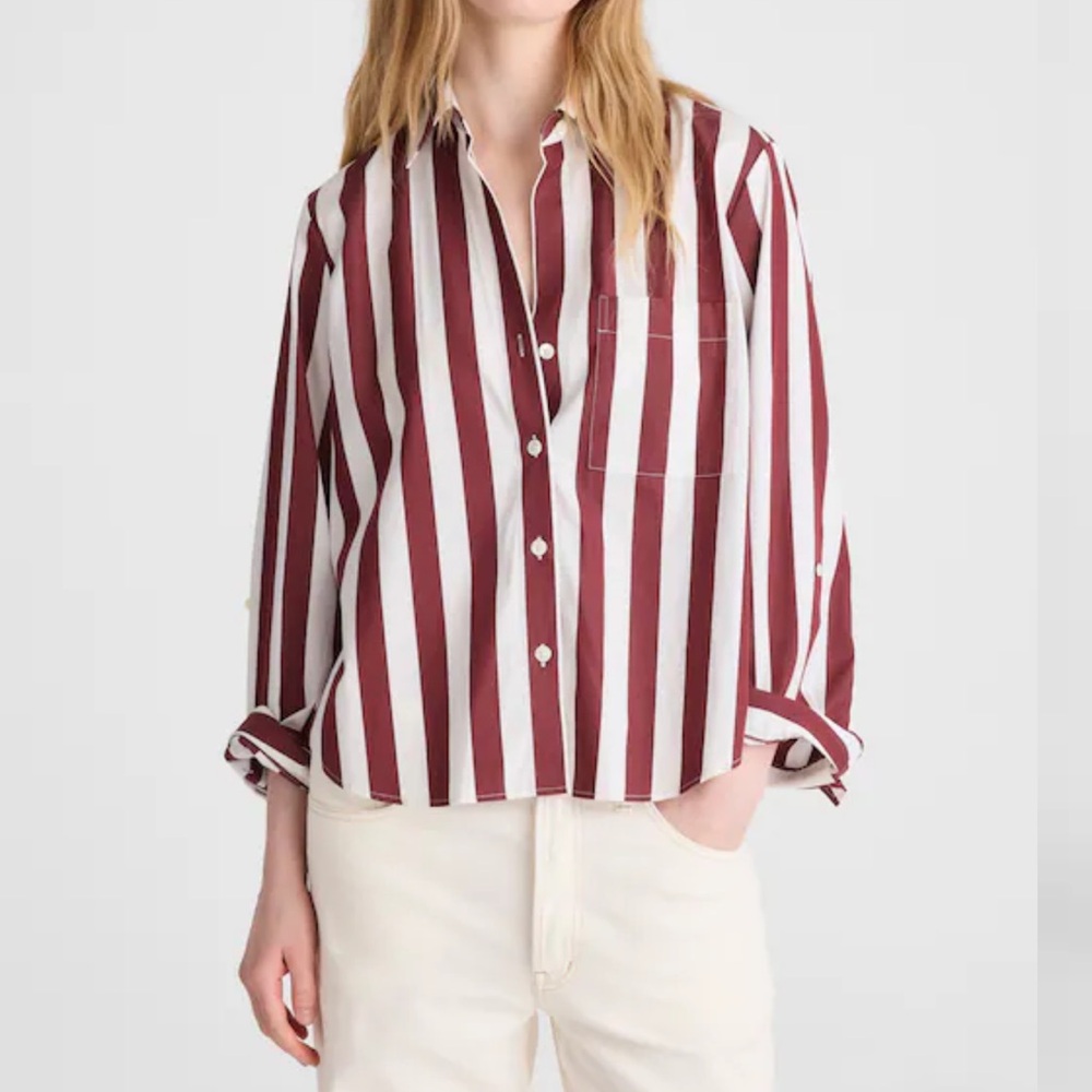 Women's Burgundy & White Striped Button-Up neck Shirt size S New